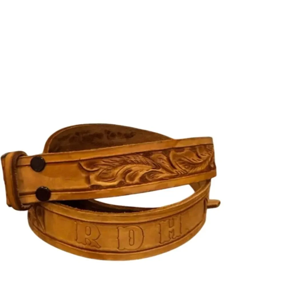 Vintage Tooled Leather Western Belt Size 42 Tan Floral Engraved RDH Initials